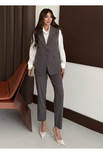 Branded Padded Vest and Pants Set - Carrot Pants Long Vest Solid Color Set