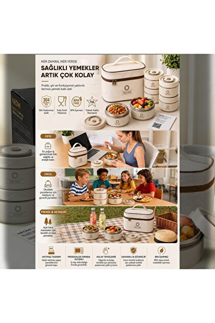 Neomi 3'lü Set Lunch Box Isı Yalıtımlı Yemek Termosu Seti