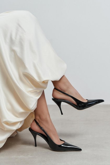 Mehru Black Patent Leather Belt Detail Pointed Toe Women's Heeled Shoes