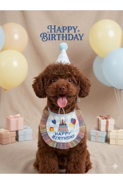 KÖPEK DOĞUM GÜNÜ PARTİ KIYAFETİ (ŞAPKA VE ÖNLÜK) NAKIŞ İŞLEMELİ - DOĞUM GÜNÜ KONSEPT KIYAFETİ