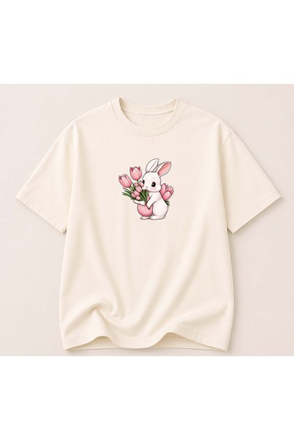 Crew Neck Cotton Basic T-Shirt with Rabbit and Tulip Print Detail