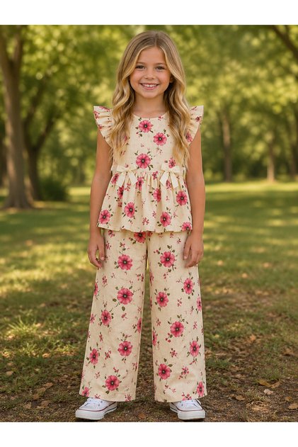 Floral Patterned Wrinkled Girl's Suit 4-10 Years Old I Floral Patterned Suit I Two-Piece Suit I Girl's Suit