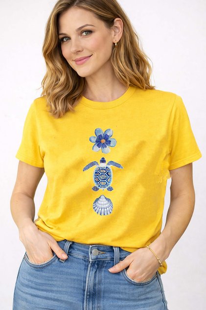 Women's Crew Neck Cotton T-Shirt with Sea Theme Turtle Print Detail