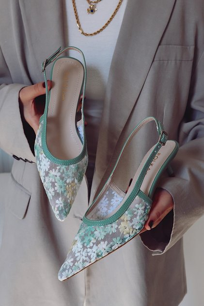 Bloom Mesh Embroidered Floral Pointed Toe Short Kitten Heel Women's Shoes