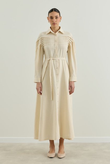 Beige ribbed detail shirt dress