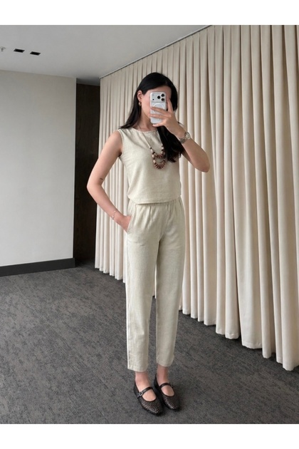 Yellow Necklace Blouse Trousers Set - 8757