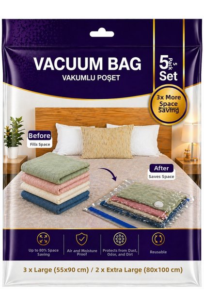 Vacuum Storage Bag Set of 5 – 3 Xlarge (55X90 cm) + 2 XXL (80X100 cm) Vacuum Bags