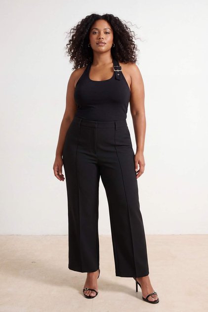 Pantaloni negri cu croială dreaptă și talie înaltă, cu cusături striate, țesuți TBBSS26AR00039