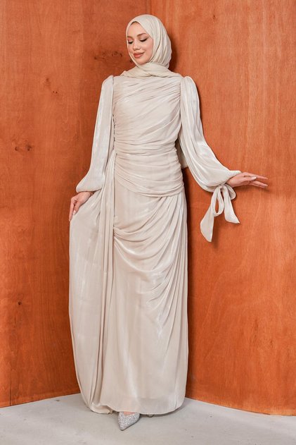 Stone Front Gathered Chiffon Evening Dress