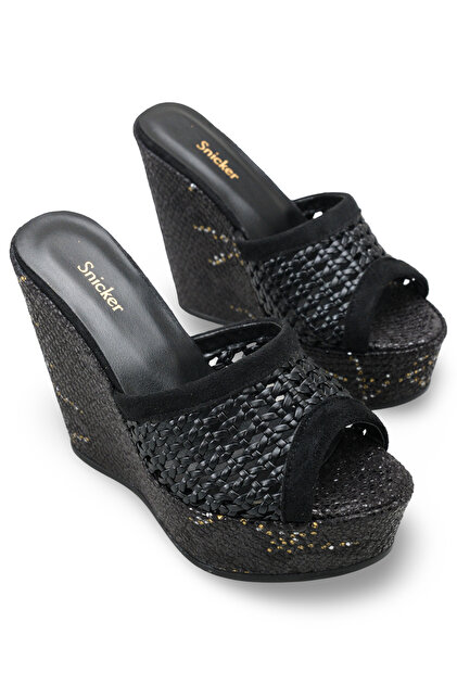 Black High Wedge Heel Straw Slippers Cute