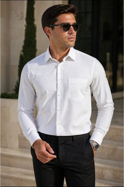 Classic Wide Fit Long Sleeve Patterned Lycra Collar Buttoned Office Style Easy-Iron Men's Shirt