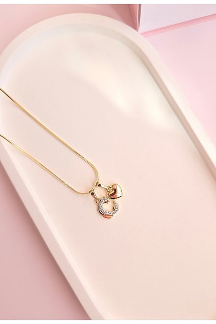 Xuping Kolye Kadın Gold Renk C Harfli Ve Kalpli Zirkon Taşlı Çelik Kolye
