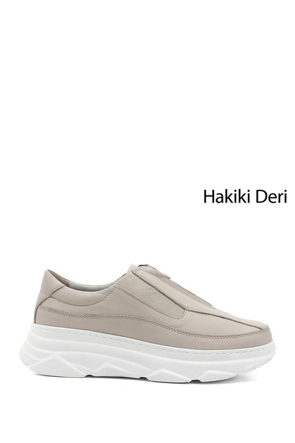 Women's Beige Antique Zippered Padded Sole Genuine Leather Sneakers