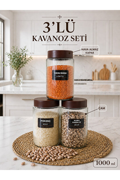 3 Adet Hava Almaz Kapaklı Cam Kavanoz Erzak Saklama Kabı - Un Bakliyat Kabı 3x1000 ml