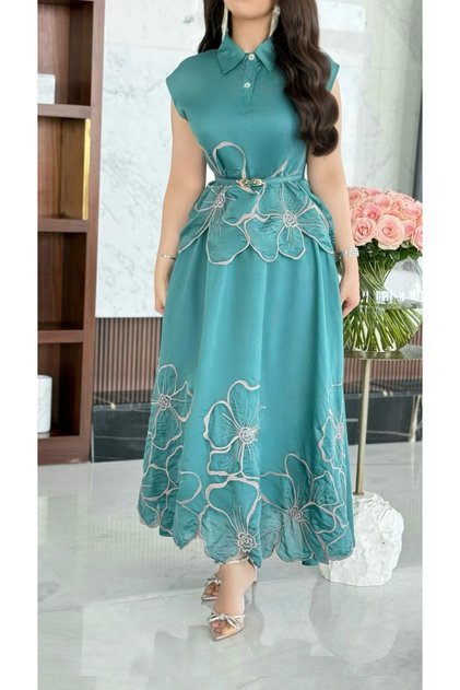 Sleeveless Blouse and Skirt Set with Rose Embroidery - Turquoise