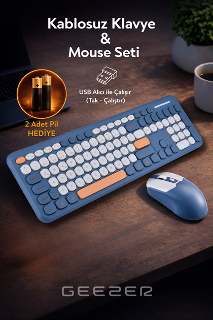 Geezer Soft Touch Kablosuz Klavye Mouse Set Lacivert + Beyaz Smk