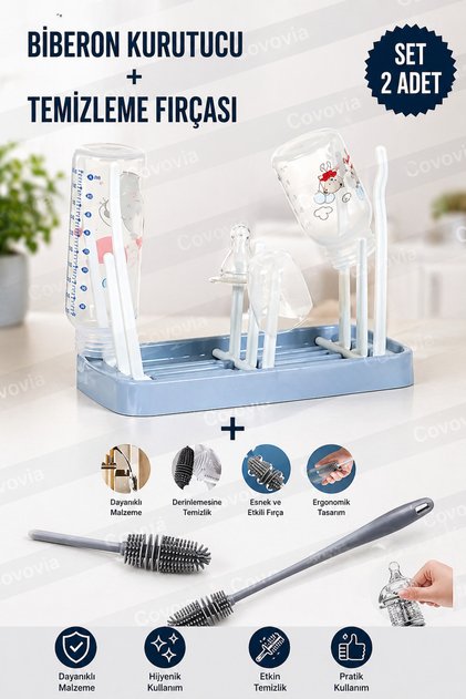 ( 2'li Pratik Biberon Seti ) Biberon Kurutucu + Temizleme Fırçası 2'li Bebek Biberon Seti Kurutmalık Bulaşıklık Emzik Temizleme