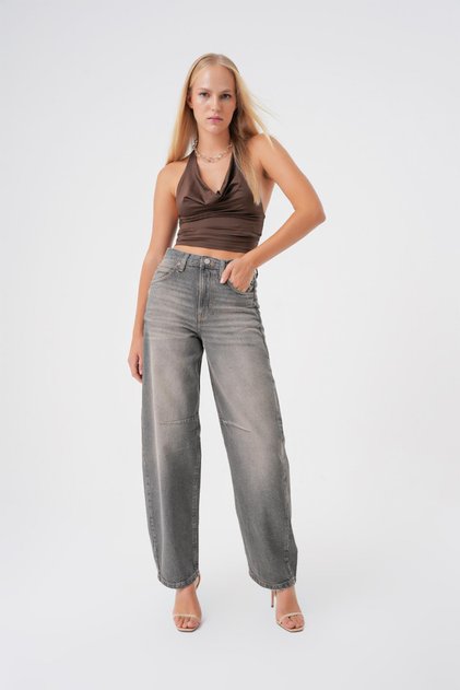 Siyah Vintage Yikama Ayarlanabilir Tokali Yuksek Bel Baggy Skater Jean
