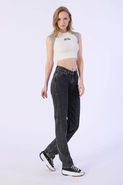 Straıght Mıd Waıst Düz Denim Pantolon