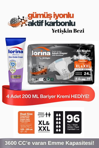 Aktif Karbon&Gümüş iyon destekli Bel Bantlı Hasta Bezi XL - XXL 24’lü 4 Paket Bariyer Kremi Hediyeli
