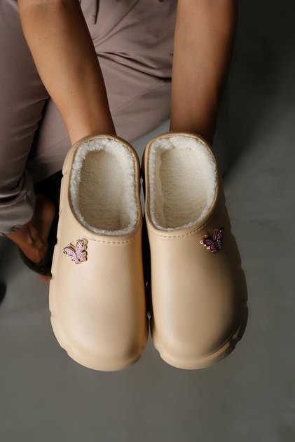 Women's Beige Hera Butterfly Buckle Fur Lined Waterproof House Slippers 3cm Byndhfay02