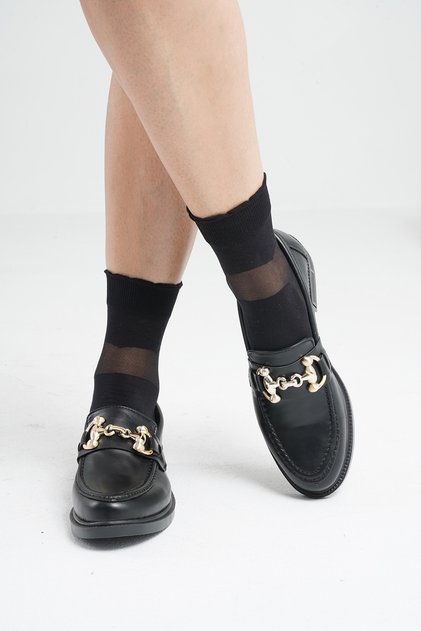 Pantofi mocasin cu cataramă OGC din piele neagră pentru femei 3cm BYNDLFRK01