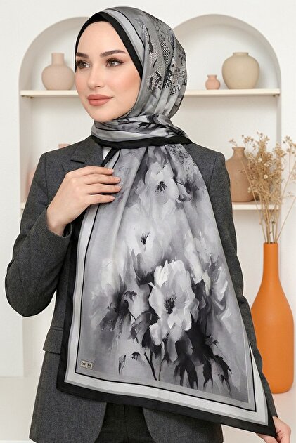 Women's Black Gray Floral Patterned Soft Shawl