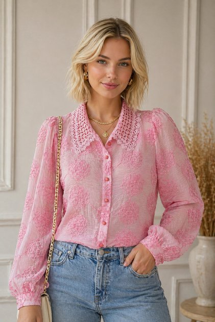 Kadın Top Düğmeli Dantelli Yaka Jakar Gömlek - Pembe