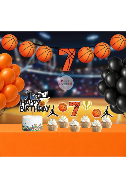 Basketbol Doğum Günü Seti | Yaş Seçenekli Afiş, Pasta Süsü Seti, Balon