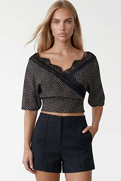Women's black polka dot front back v-neck lace detailed knitted blouse alc-x15407