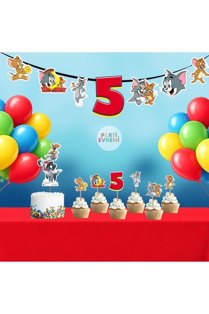 Tom ve Jerry Temalı Doğum Günü Seti | Yaş Seçenekli Afiş, Pasta Süsü Seti, Balon