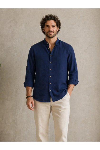 Oversized Apolet Folded Cotton Muslin Navy Blue Judge Collar Shirt