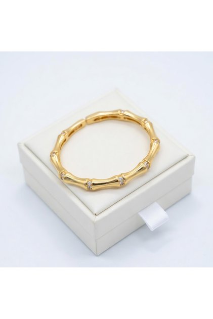 304 Stainless Steel 18K Gold Plated Bamboo Design Bracelet with CZ Stones - Elegant Segmented Open Cuff Bangle for Women
