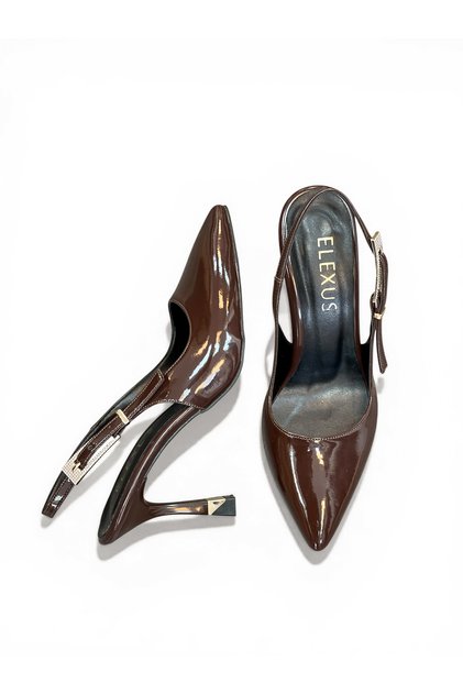 Women's Stiletto Brown Patent Leather Pointed Toe Medium Heel Stone Buckle New Season F6180