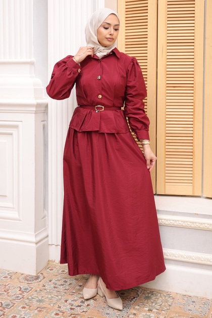 Burgundy Belted Buttoned Shirt and Skirt Set