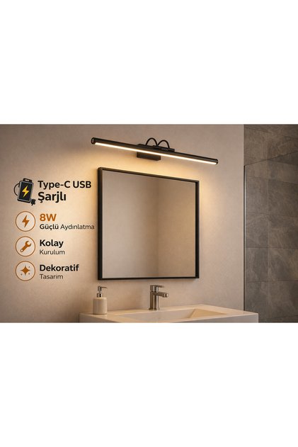 Siyah Sarjlı LED Flüt Resim Aplik | 8W | 3200K Gün Işığı | 50cm | Duvar Tipi Ayna/Tablo Dekoratif Işık