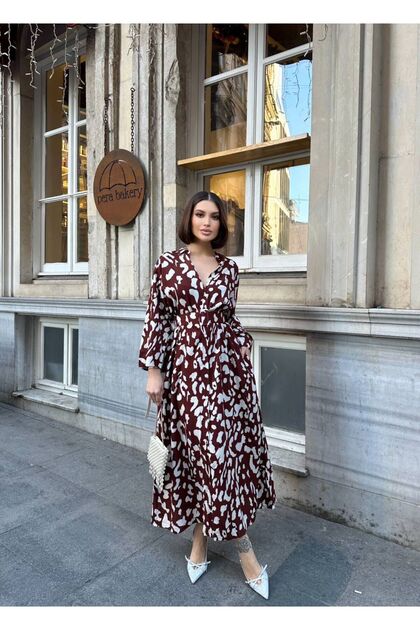 Lunera Midi Gömlek Elbise – Desenli, Kuşaklı, Uzun Kollu, Şık Günlük Tasarım