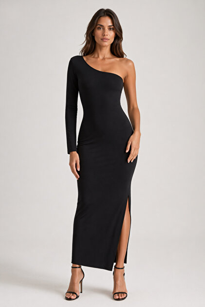 IMBUE Asymmetrical One-Sleeve Deep Slit Black Maxi Dress- Trendyol