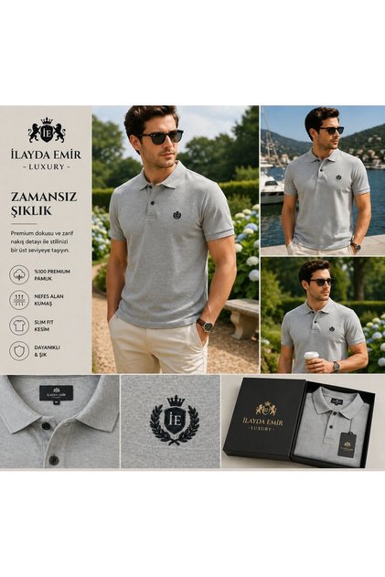 Gray Men's Polo Collar Buttoned Sweatshirt with Chest Emblem, 100% Cotton, Casual and Stylish