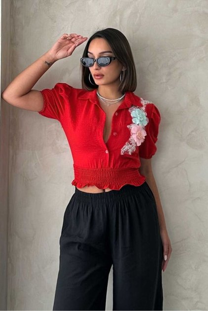 Red Floral Linen Shirt | Vmd2651 - Red