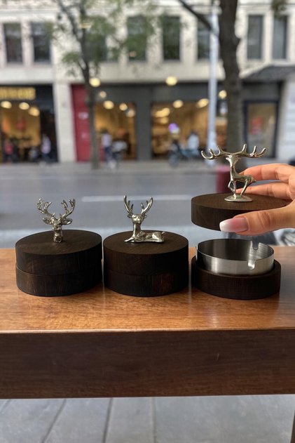 Set of 3 Wooden Deer Family Metal Decorative Ashtray Tabletop Ashtray Dark Silver Deer