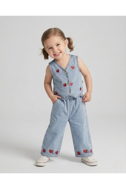 Girl's Strawberry Summer Denim Set, Vest and Pants, Holiday Denim Set for 2-3-4-5 Years Old