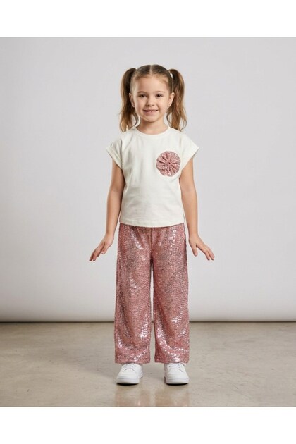 Girl Child 5-6-7-8-9-10-11-12 Years Old Sequined and Sequined Pants Summer 2-Piece Stylish Holiday Set