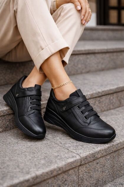 Black Genuine Leather Velcro Velcro Heeled Comfortable Orthopedic Daily Women's Shoes 06-144