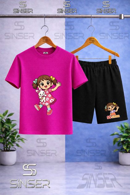Children's Sinser Girls' Toy on the Arm Printed Crew Neck T-Shirt - Shorts Set