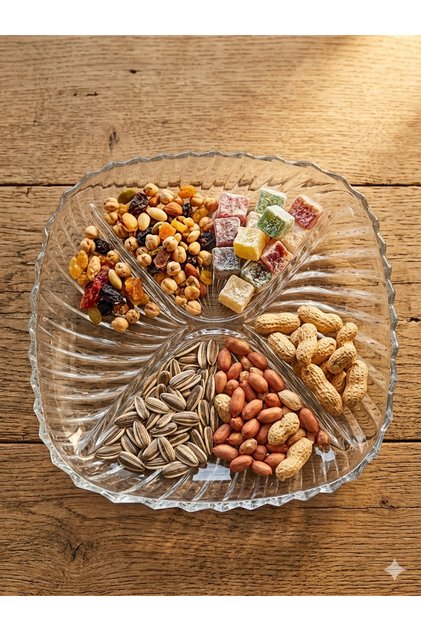 4-Compartment Crystal Glass Presentation Plate - 24X24 cm Large Size Snack and Fruit Bowl