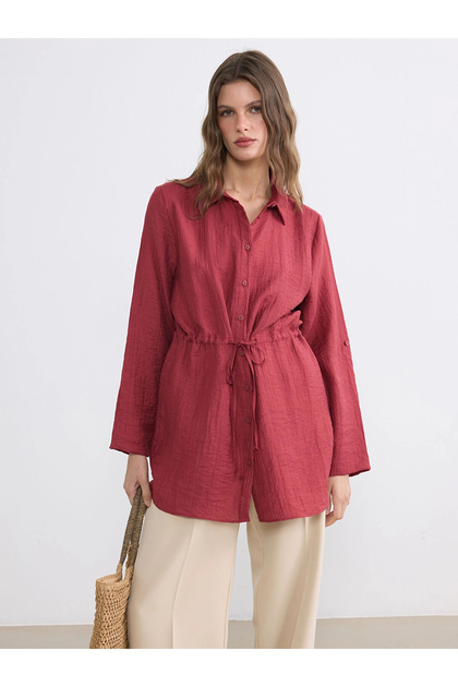 Lcwaikiki Classic Claret Red Textured Ruched Women's Shirt Tunic