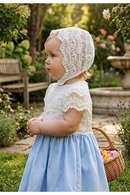 La reina petite Sky Blue Lace Dress with Classic Hat- Trendyol
