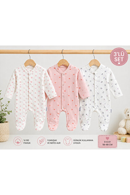 Set de salopete cu papuci pentru fetițe, cu model floral, 3 piese, cu mâneci lungi, 100% bumbac