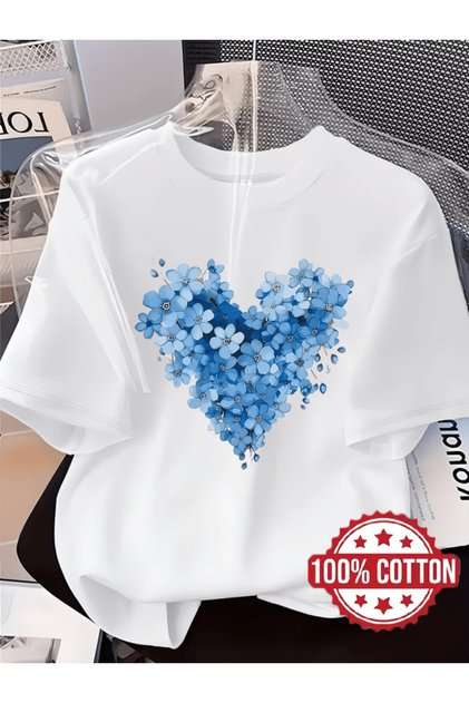 Blue flower heart printed premium oversize t-shirt